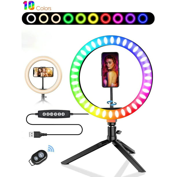 6 RGB Selfie Ring Light with Two Table Tripod Stand 10 RGB Colors Dimmable LED Ring Light with Wireless Remote Control for Makeup Photography Vlog/YouTube Video Live Stream 
